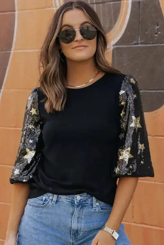 Black Star Sequin Splicing Half Sleeve Top - Fashionfitz