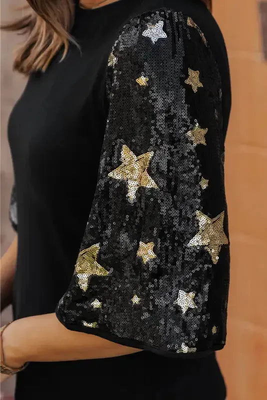 Black Star Sequin Splicing Half Sleeve Top - Fashionfitz