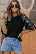 Black Star Sequin Splicing Half Sleeve Top - Fashionfitz