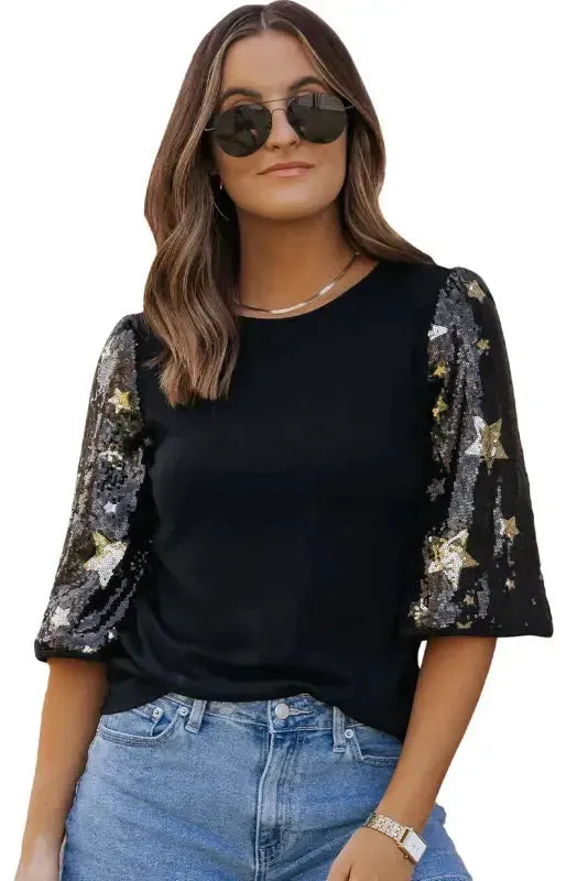 Black Star Sequin Splicing Half Sleeve Top - Fashionfitz