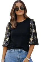 Black Star Sequin Splicing Half Sleeve Top - Fashionfitz