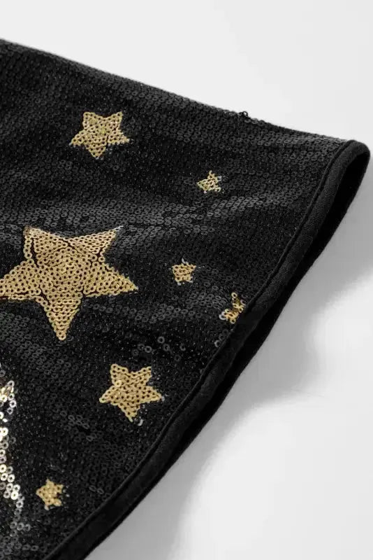 Black Star Sequin Splicing Half Sleeve Top - Fashionfitz