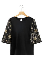 Black Star Sequin Splicing Half Sleeve Top - Fashionfitz