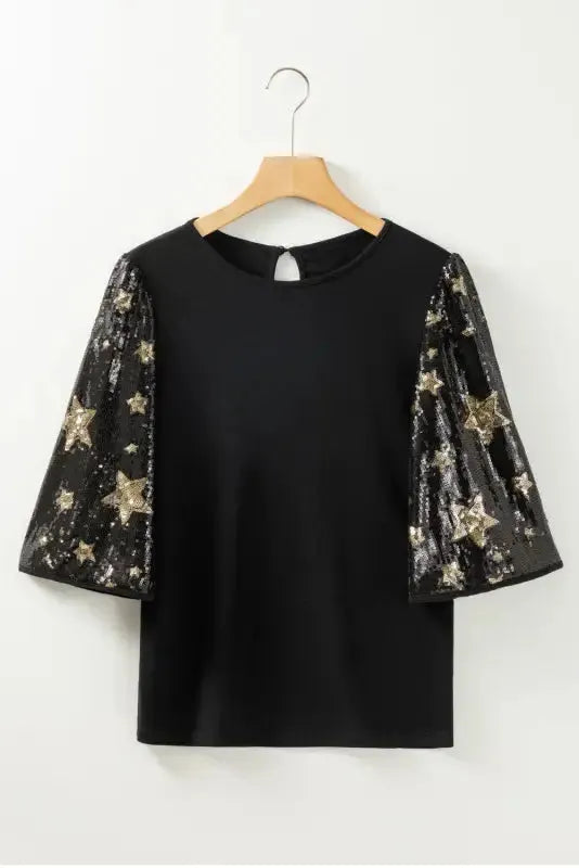Black Star Sequin Splicing Half Sleeve Top - Fashionfitz