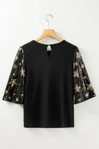 Black Star Sequin Splicing Half Sleeve Top - Fashionfitz