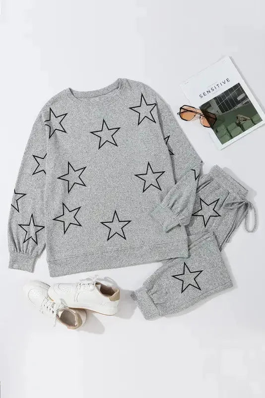 Black Stars Print Long Sleeve Drawstring High Waist Lounge Set - Fashionfitz