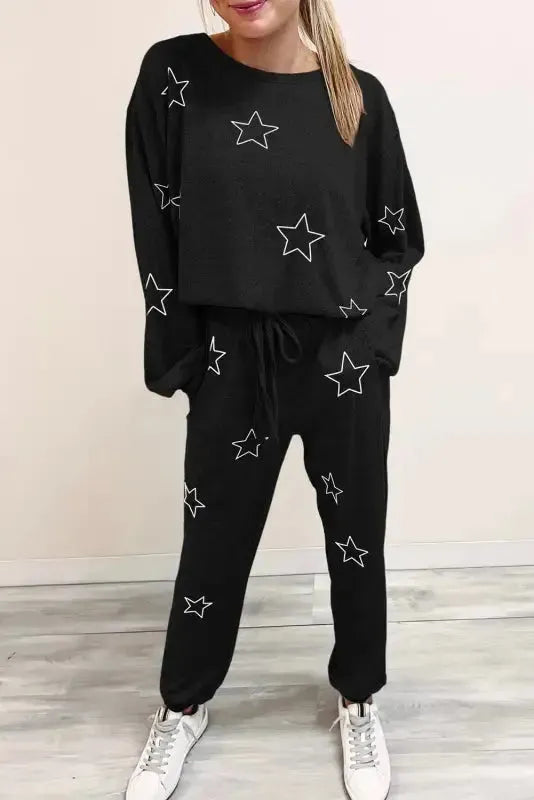 Black Stars Print Long Sleeve Drawstring High Waist Lounge Set - Fashionfitz