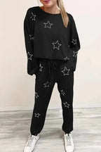 Black Stars Print Long Sleeve Drawstring High Waist Lounge Set - Fashionfitz