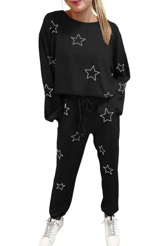 Black Stars Print Long Sleeve Drawstring High Waist Lounge Set - Fashionfitz