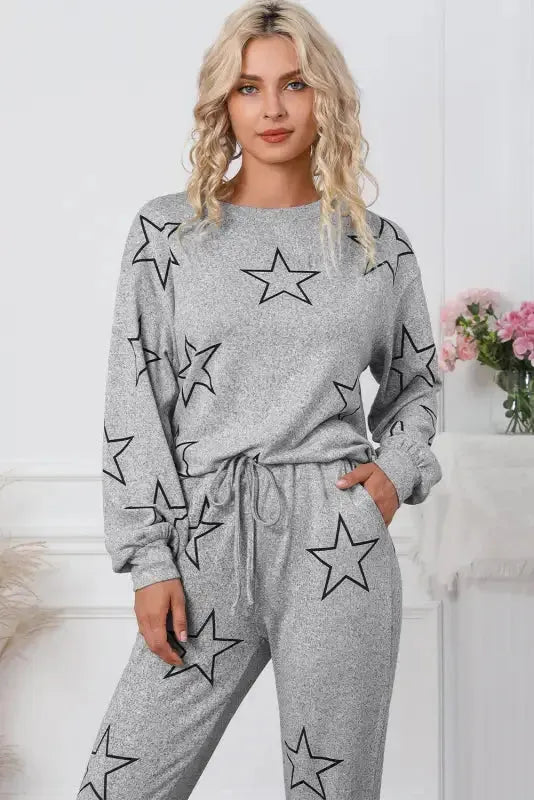 Black Stars Print Long Sleeve Drawstring High Waist Lounge Set - Fashionfitz
