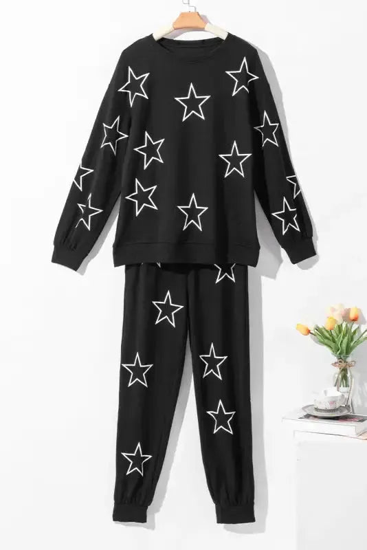 Black Stars Print Long Sleeve Drawstring High Waist Lounge Set - Fashionfitz