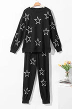Black Stars Print Long Sleeve Drawstring High Waist Lounge Set - Fashionfitz