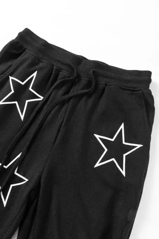 Black Stars Print Long Sleeve Drawstring High Waist Lounge Set - Fashionfitz