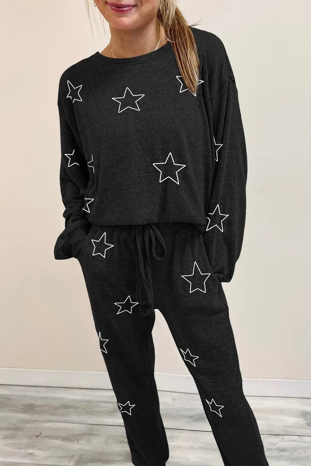 Black stars print long sleeve drawstring high waist lounge set - joggers sets