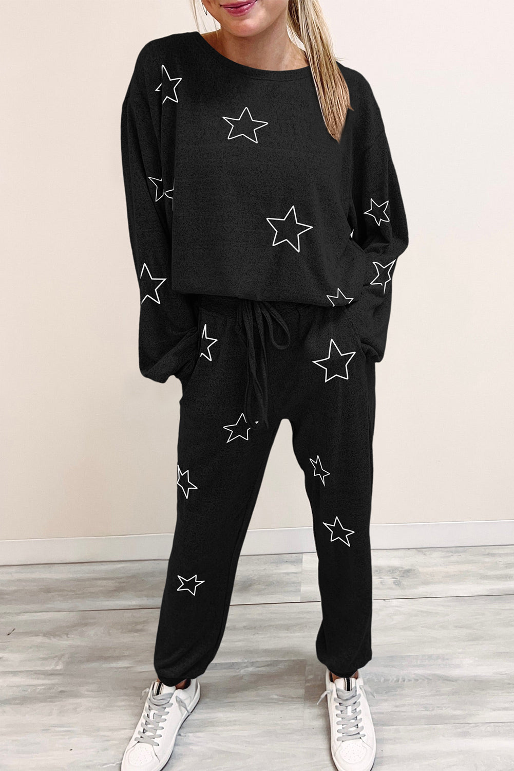 Black stars print long sleeve drawstring high waist lounge set - s / 95% polyester + 5% elastane - joggers sets
