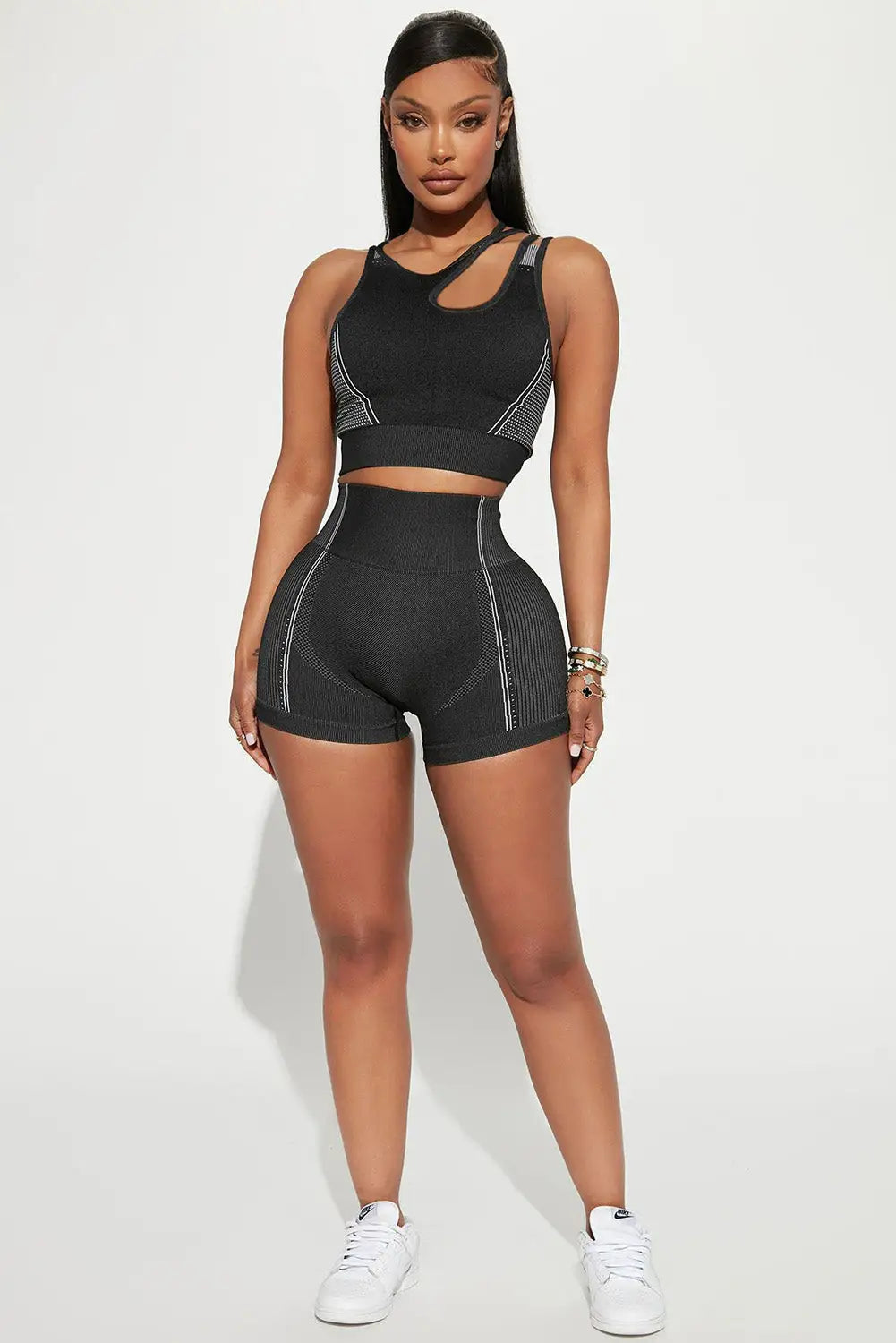 Black strappy mix pattern cutout bra and shorts set - activewear