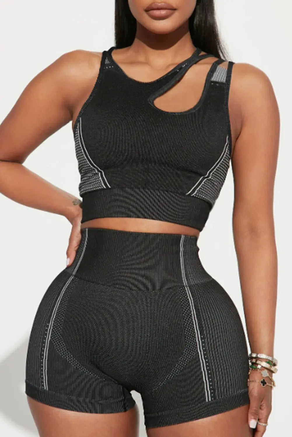 Black strappy mix pattern cutout bra and shorts set - s - activewear