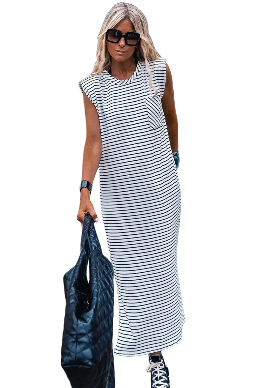 Black stripe chest pocket shoulder padded sleeveless long dress - maxi dresses
