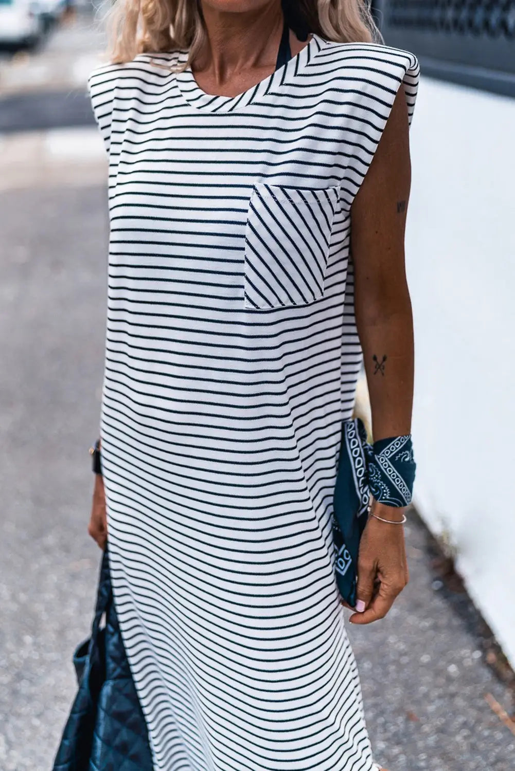 Black stripe chest pocket shoulder padded sleeveless long dress - maxi dresses