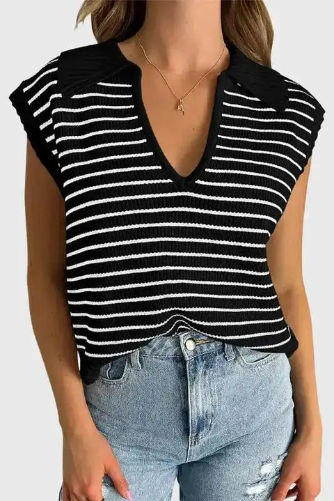 Black stripe ribbed knit sleeveless tank top front view — Fashionfitz UK