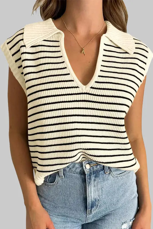 Black stripe knit tank top - beige / s / 50% viscose + 28% polyester + 22% polyamide - sweater vests