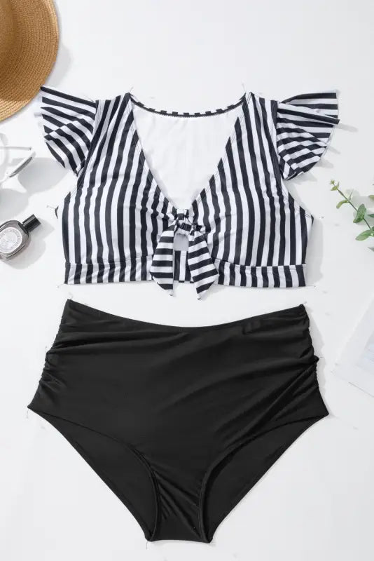 Black stripe plus size high-waist bikini swimwear