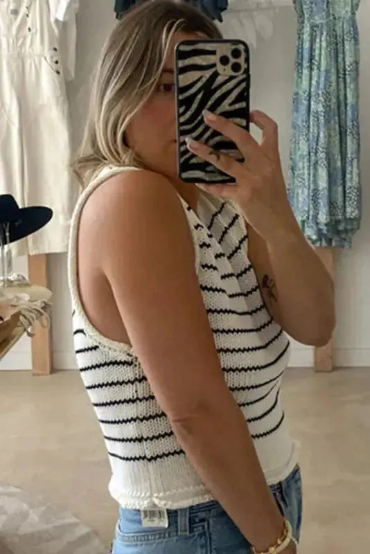 Black Stripe Raw Edge Knitted Vest - Fashionfitz