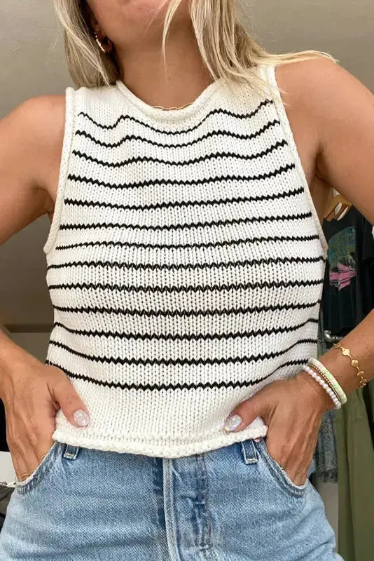 Black Stripe Raw Edge Knitted Vest - Fashionfitz