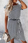 Black stripe short sleeve belted wrapped hemline t-shirt dress, perfect for casual wear