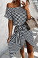 Black stripe short sleeve belted wrapped hemline t-shirt dress, perfect for casual wear