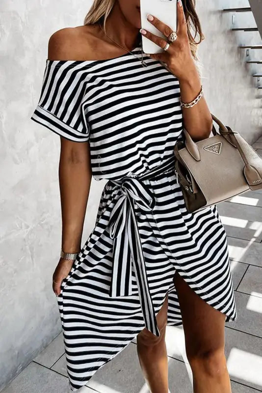 Black stripe short sleeve belted wrapped hemline t-shirt dress for casual wear