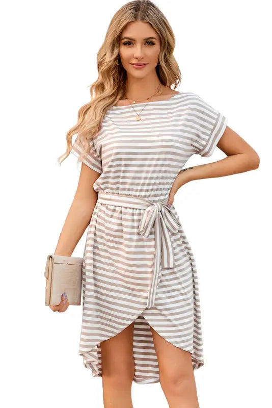 Black stripe short sleeve belted wrapped hemline t-shirt dress for relax casual wear