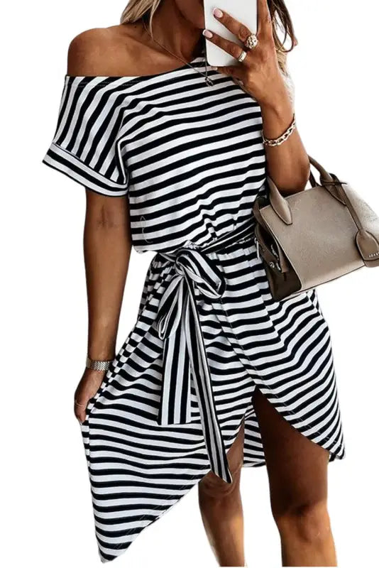 Black stripe short sleeve belted t-shirt dress with wrapped hemline - casual wear