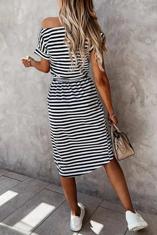 Black stripe off-shoulder midi dress with wrapped hemline and elasticated waist for casual wear