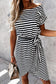 Black stripe short sleeve belted wrapped hemline t-shirt dress for casual wear