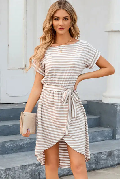 Casual wear t-shirt dress with wrapped hemline and tie waist in beige and white stripes