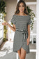 Casual wear t-shirt dress with striped black and white wrapped hemline and tie waist