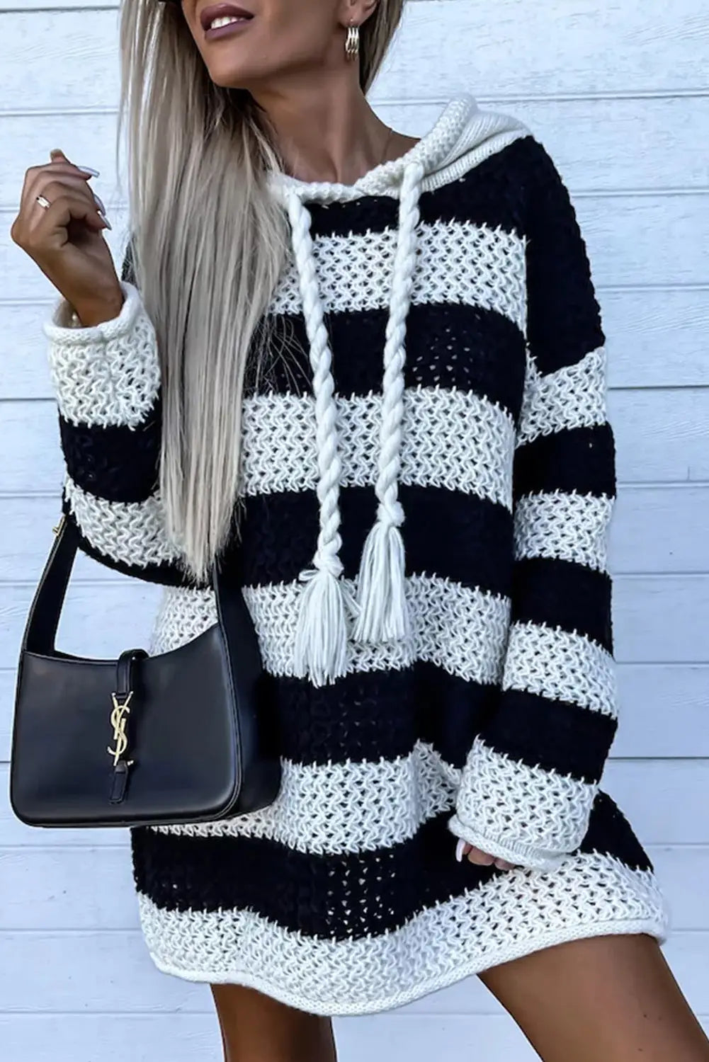 Black striped braided tassel hooded sweater dress - l /