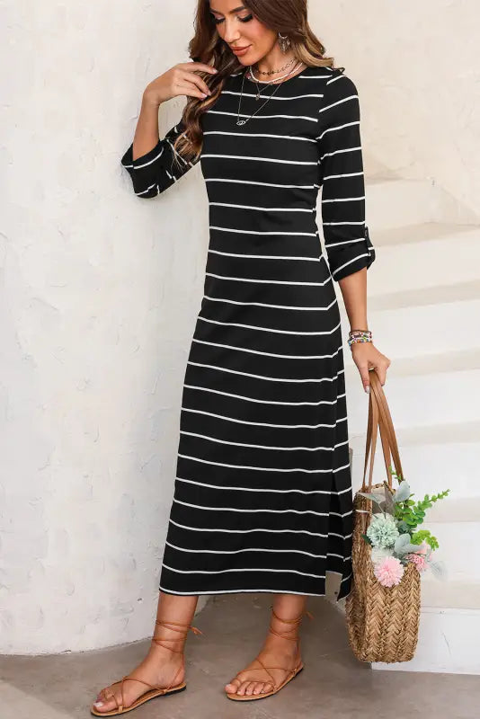 Black striped casual slit long dress - maxi dresses