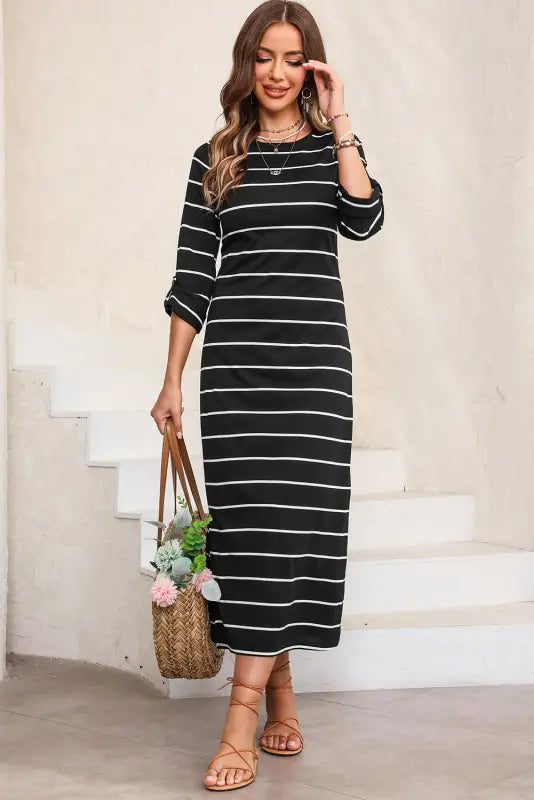 Black striped casual slit long dress - maxi dresses