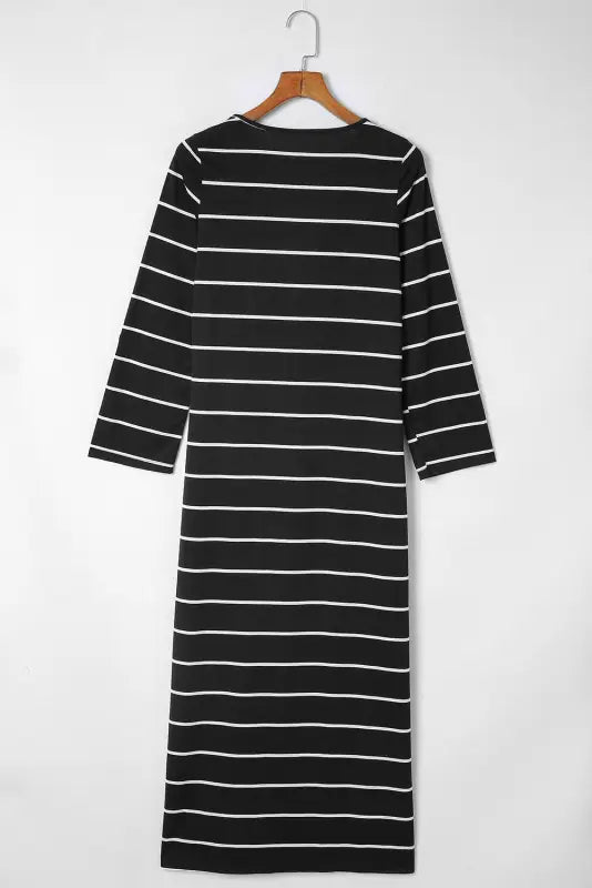 Black striped casual slit long dress - maxi dresses