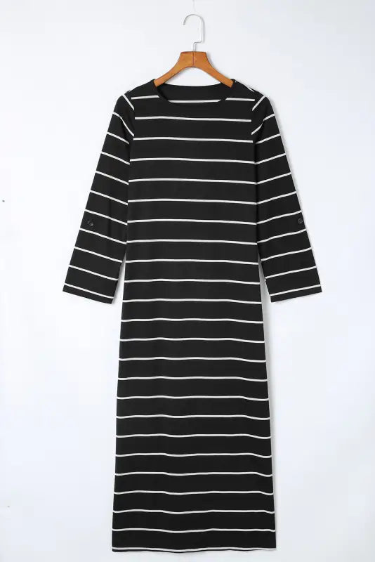 Black striped casual slit long dress - maxi dresses