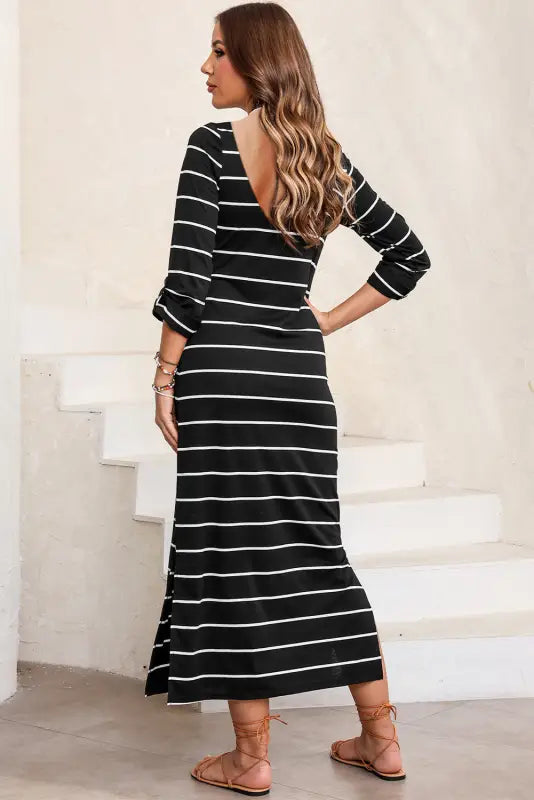 Black striped casual slit long dress - maxi dresses