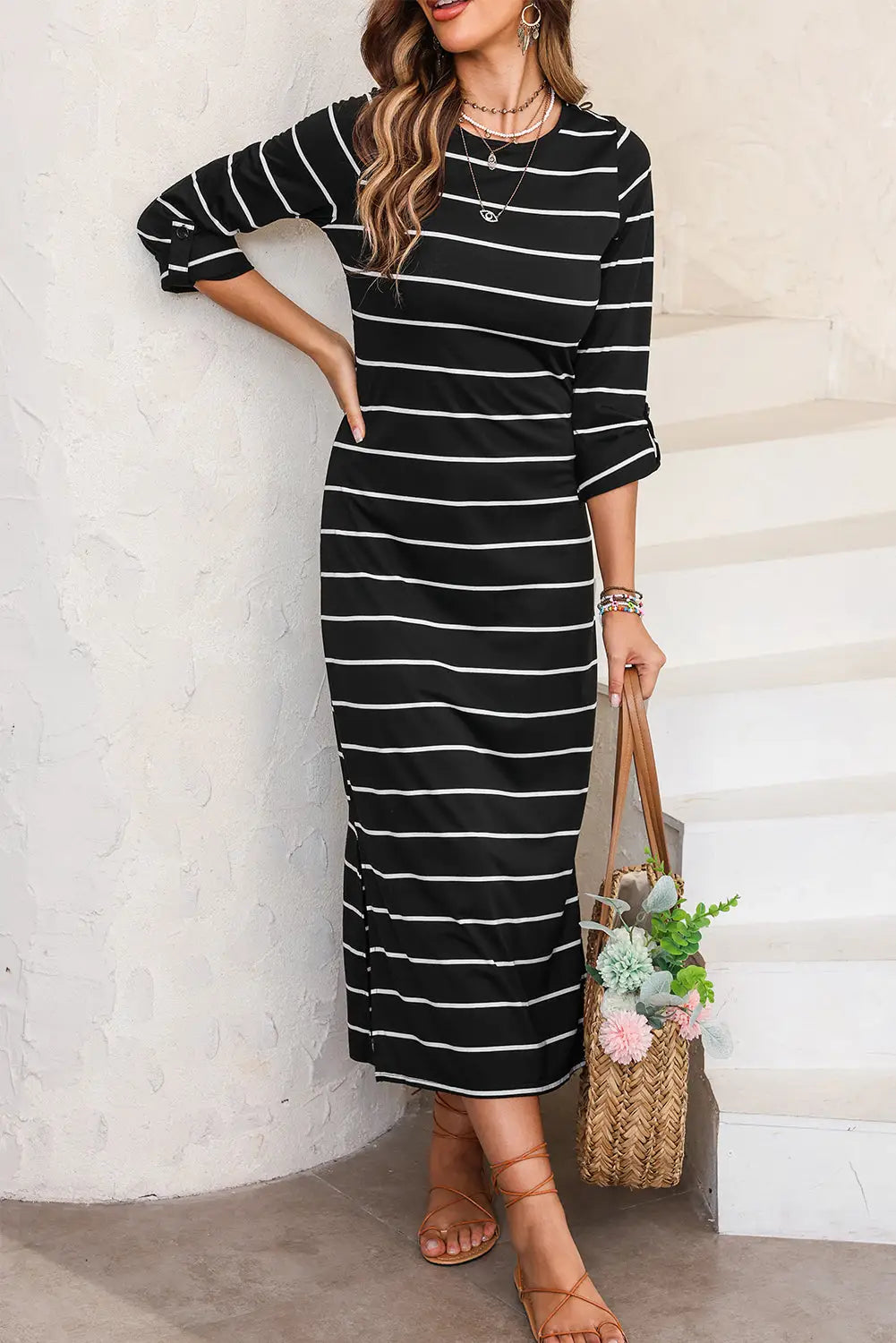Black striped casual slit long dress - s / 95% polyester + 5% elastane - maxi dresses