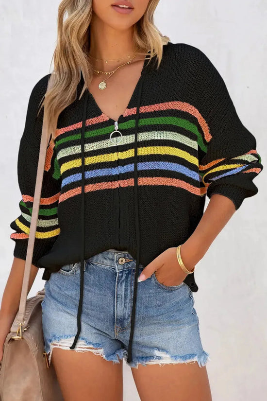 Striped Zip Up Hooded Sweater - Fashionfitz