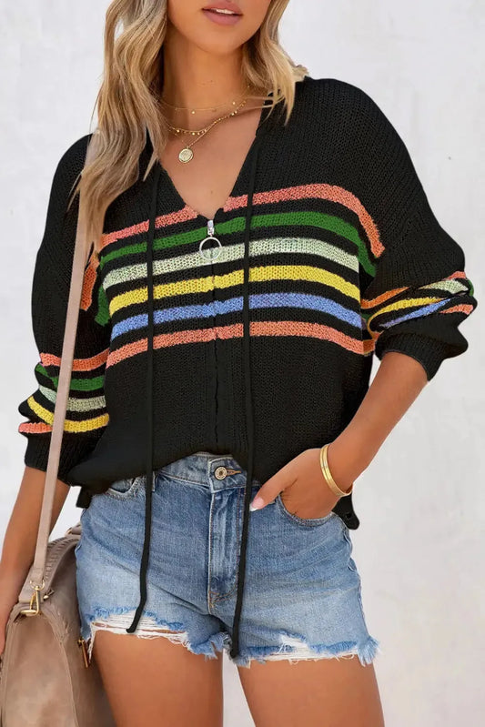 Striped Zip Up Hooded Sweater - Fashionfitz