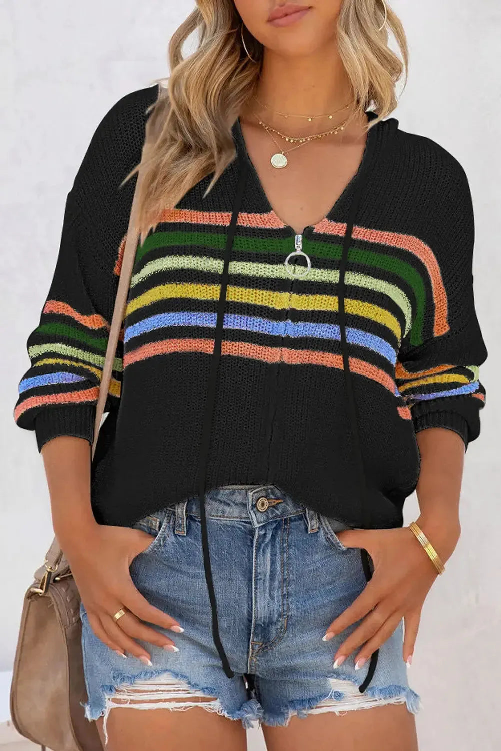 Striped Zip Up Hooded Sweater - Fashionfitz