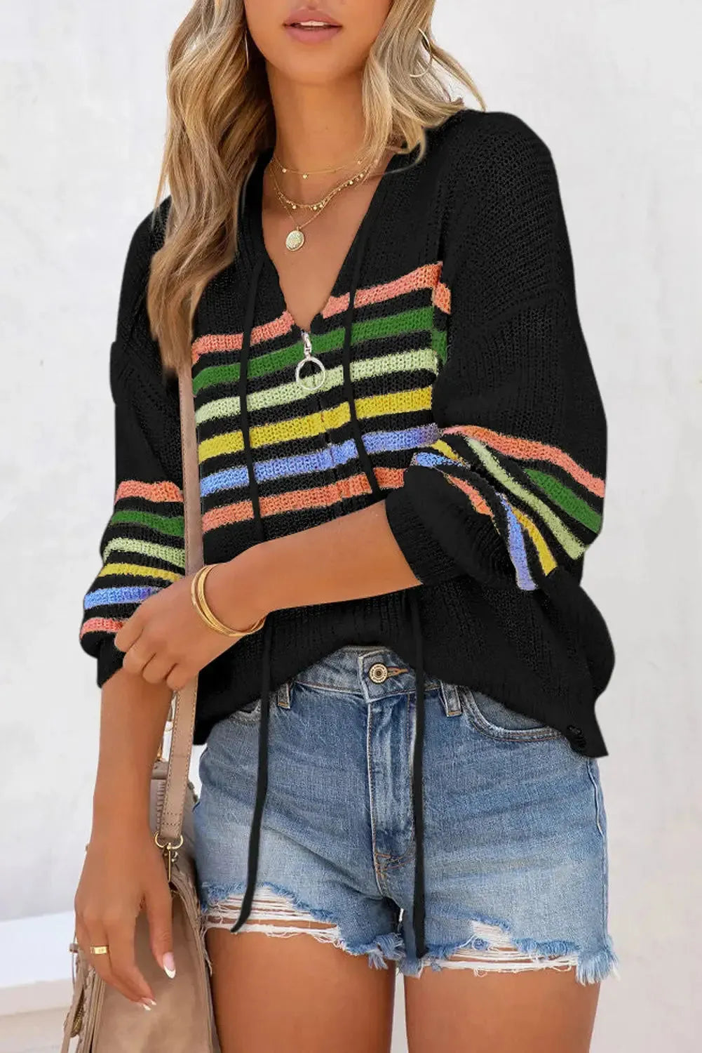 Striped Zip Up Hooded Sweater - Fashionfitz