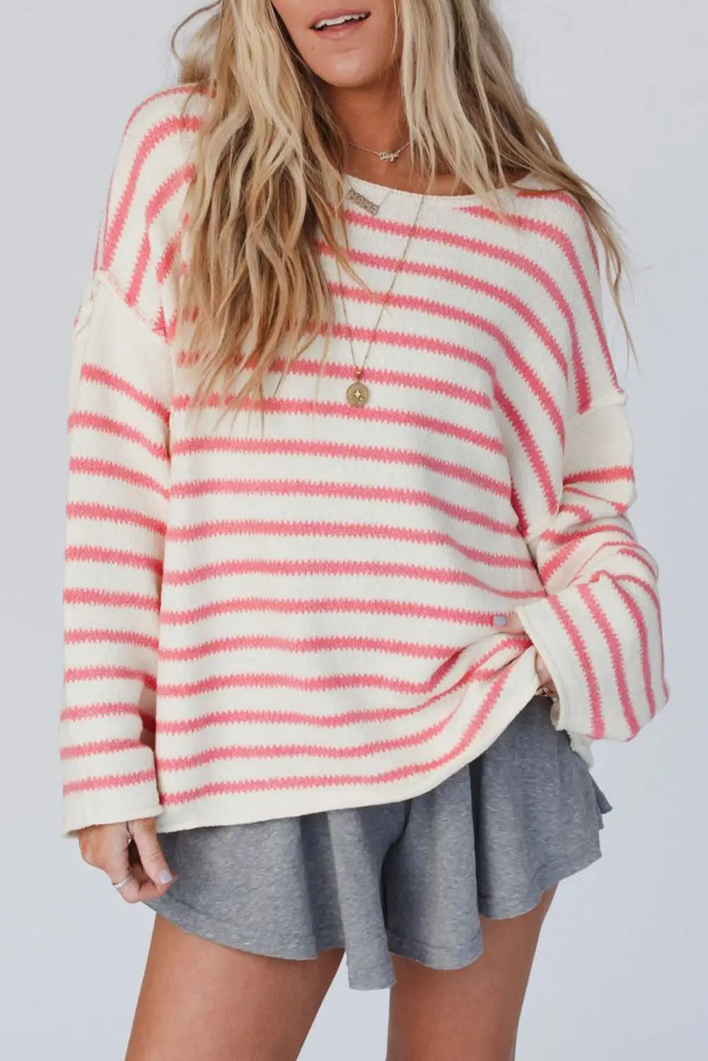 Black striped drop shoulder oversized sweater - pink / s / 60% acrylic + 40% polyamide - sweaters & cardigans