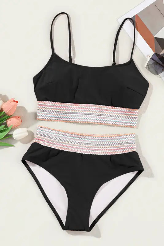 Black striped high waist bikini swimsuit - swimwear/high waisted